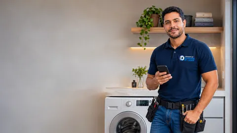 Técnico avaliando orçamento de conserto de máquina de lavar pelo celular