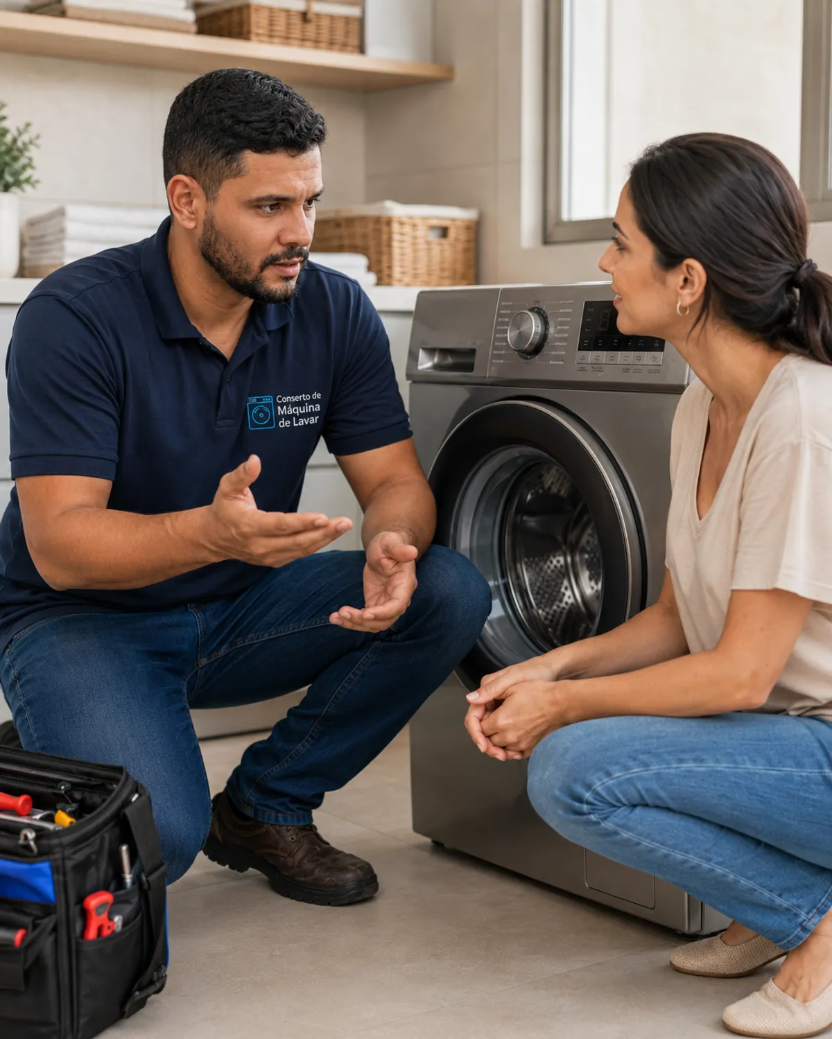 Técnico orientando cliente sobre cuidados com a máquina de lavar