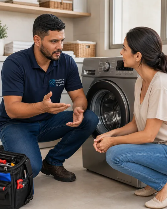 Técnico conversando com cliente sobre o conserto da máquina de lavar